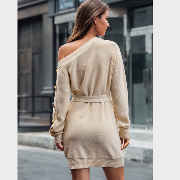 Knit One Shoulder Belted Dress in Beige - Picture 5 of 14